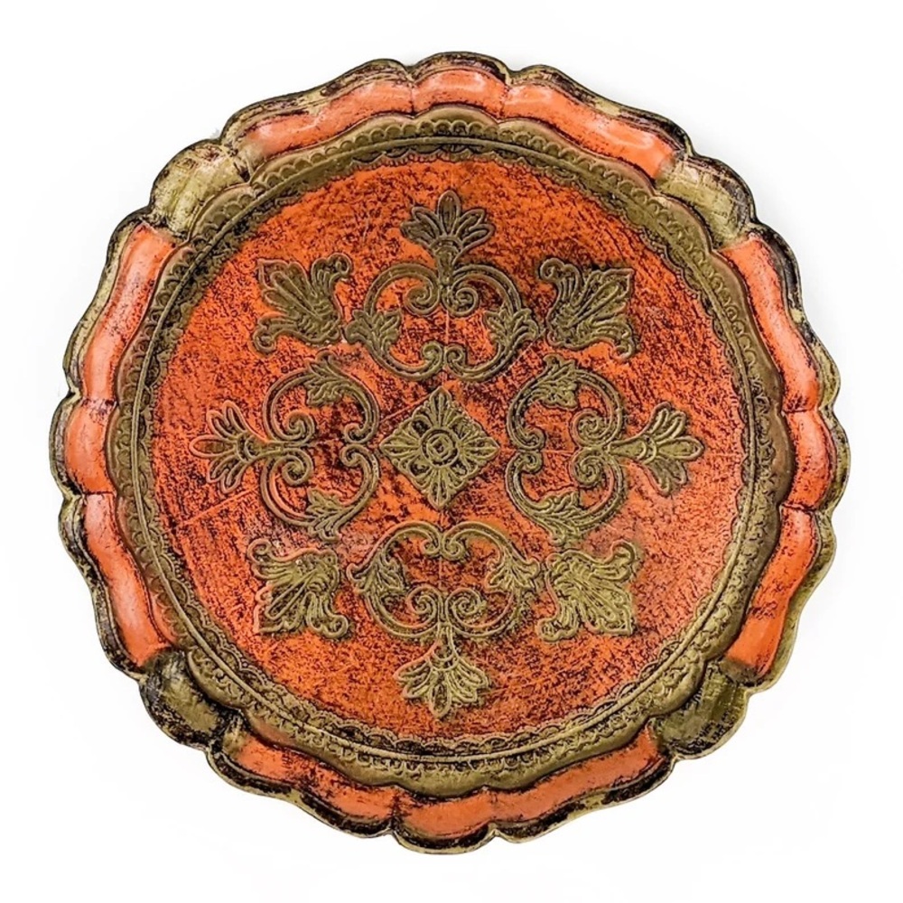Vintage Round Florentine Serving Tray in Vermillion Warm Red and Antique Gold